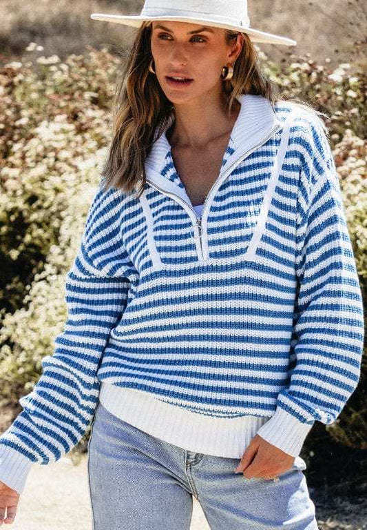 Striped Half Zip Mock Neck Long Sleeve Sweater - Trendsi - Flyclothing LLC