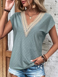 Eyelet V-Neck Cap Sleeve Blouse - Trendsi