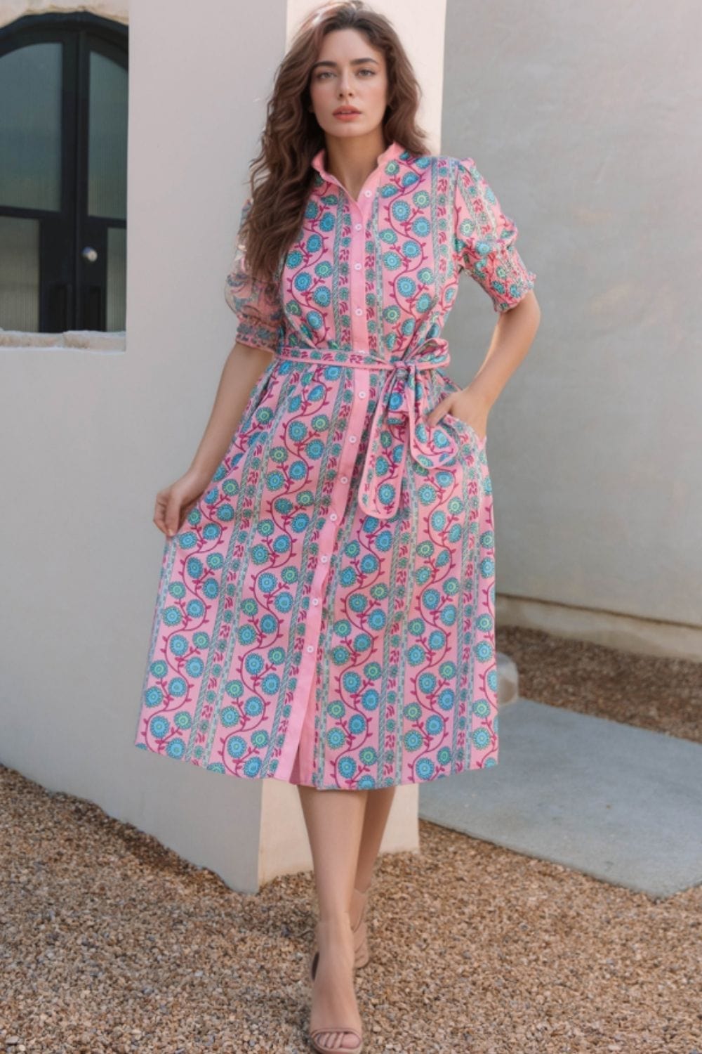 Printed Shirred Sleeve Buttoned Front Midi Dress with Sash - Trendsi