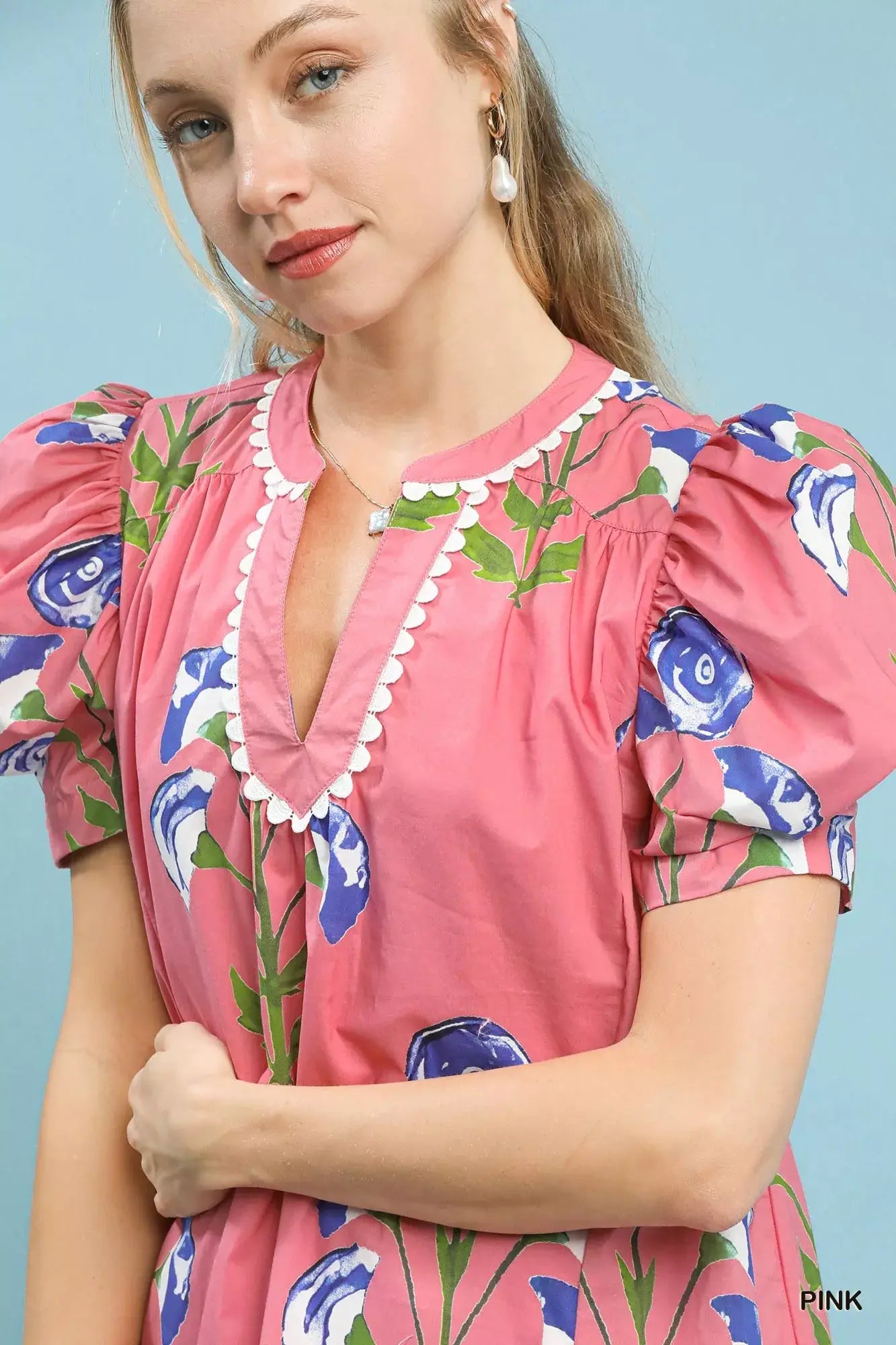 Umgee Floral Print Puff Sleeve Mini Dress with Scallop Trim - Trendsi - Flyclothing LLC