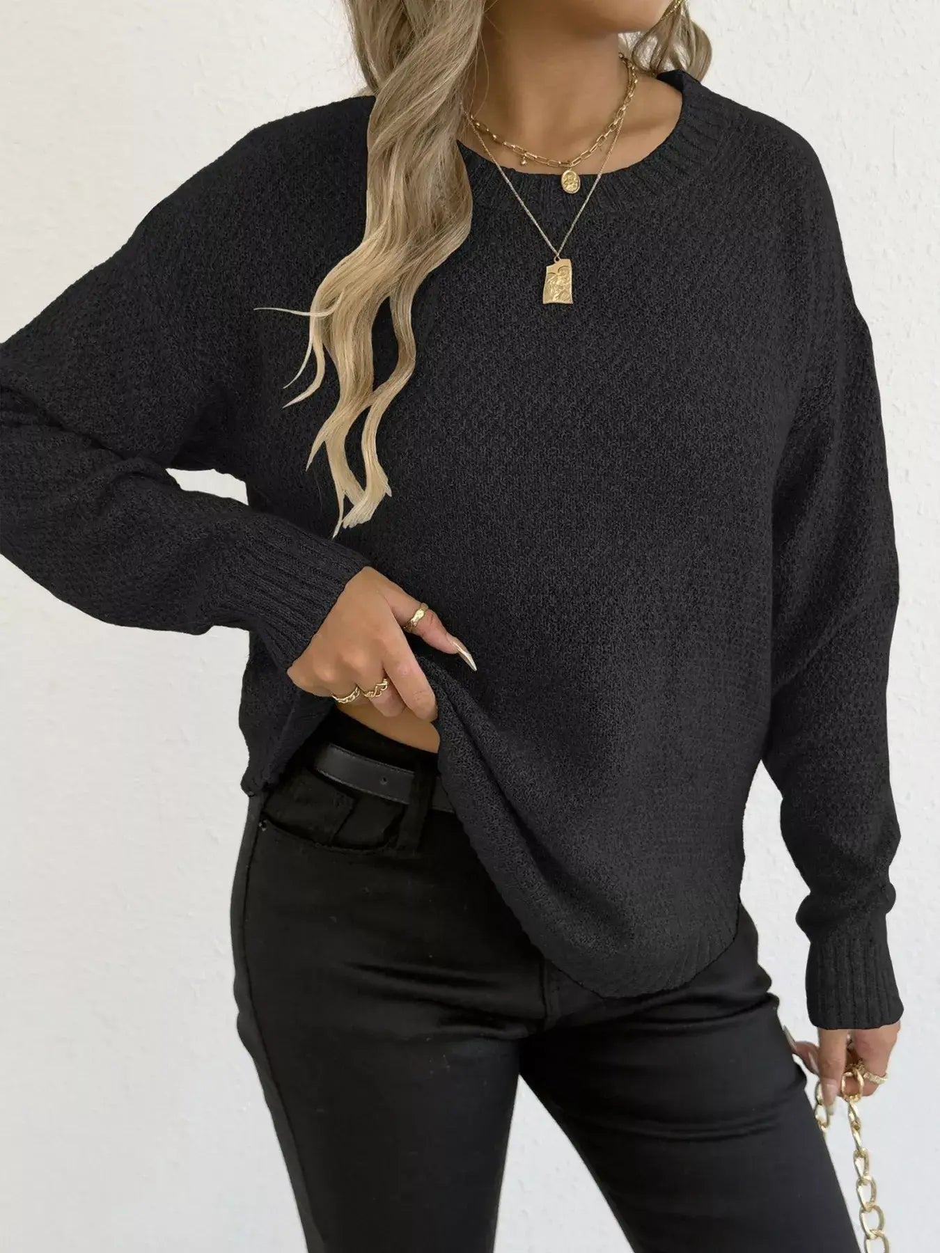 Textured Knit Relaxed Fit Round Neck Sweater - Trendsi - Flyclothing LLC
