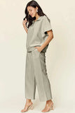 Double Take Full Size Texture Half Zip Short Sleeve Top and Pants Set - Trendsi - Flyclothing LLC
