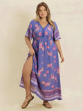 Plus Size Printed V-Neck Flutter Sleeve Dress - Trendsi - Flyclothing LLC