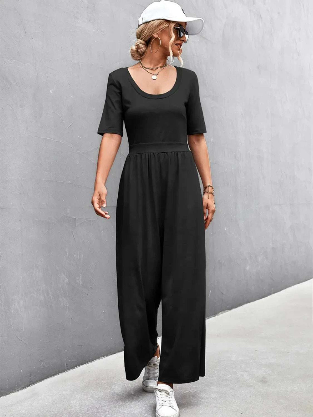 Scoop Neck Short Sleeve Jumpsuit - Trendsi - Flyclothing LLC