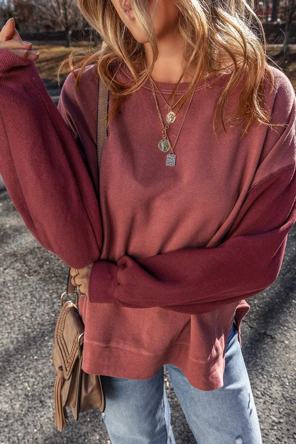 Contrast Round Neck Long Sleeve Sweatshirt - Trendsi - Flyclothing LLC