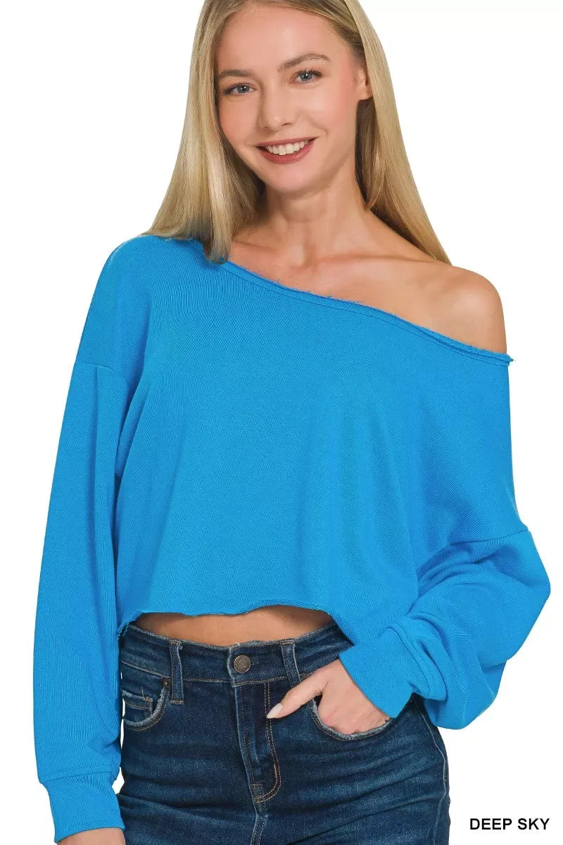 Zenana French Terry Boatneck Crop Top - Trendsi - Flyclothing LLC