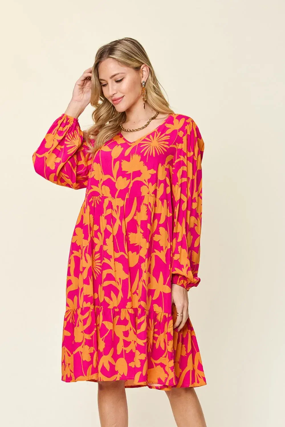 Double Take Full Size Printed Ruffle Hem Dress with Pocket - Trendsi - Flyclothing LLC
