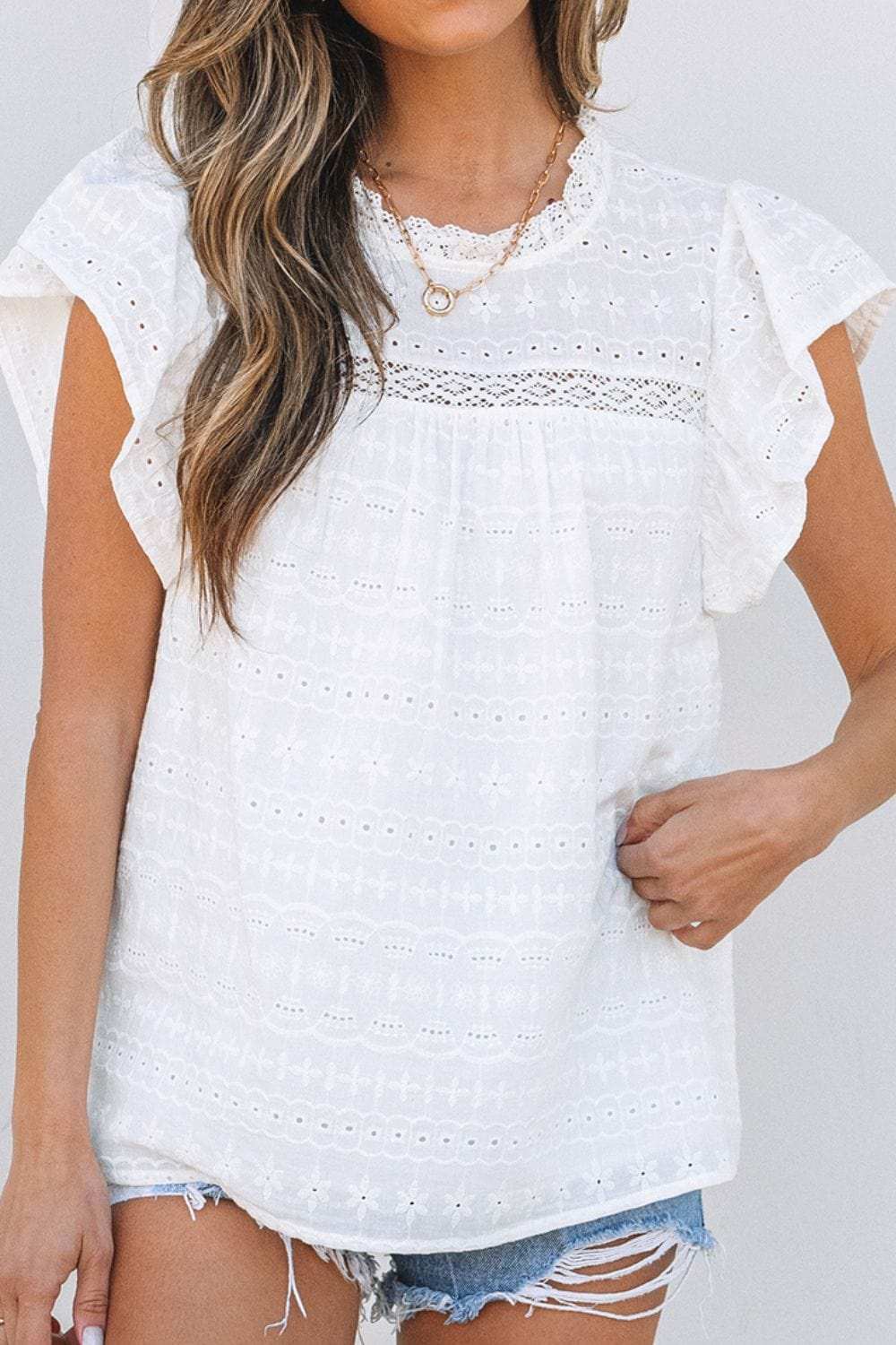 Lace Round Neck Flutter Sleeve Eyelet Blouse - Trendsi - Flyclothing LLC