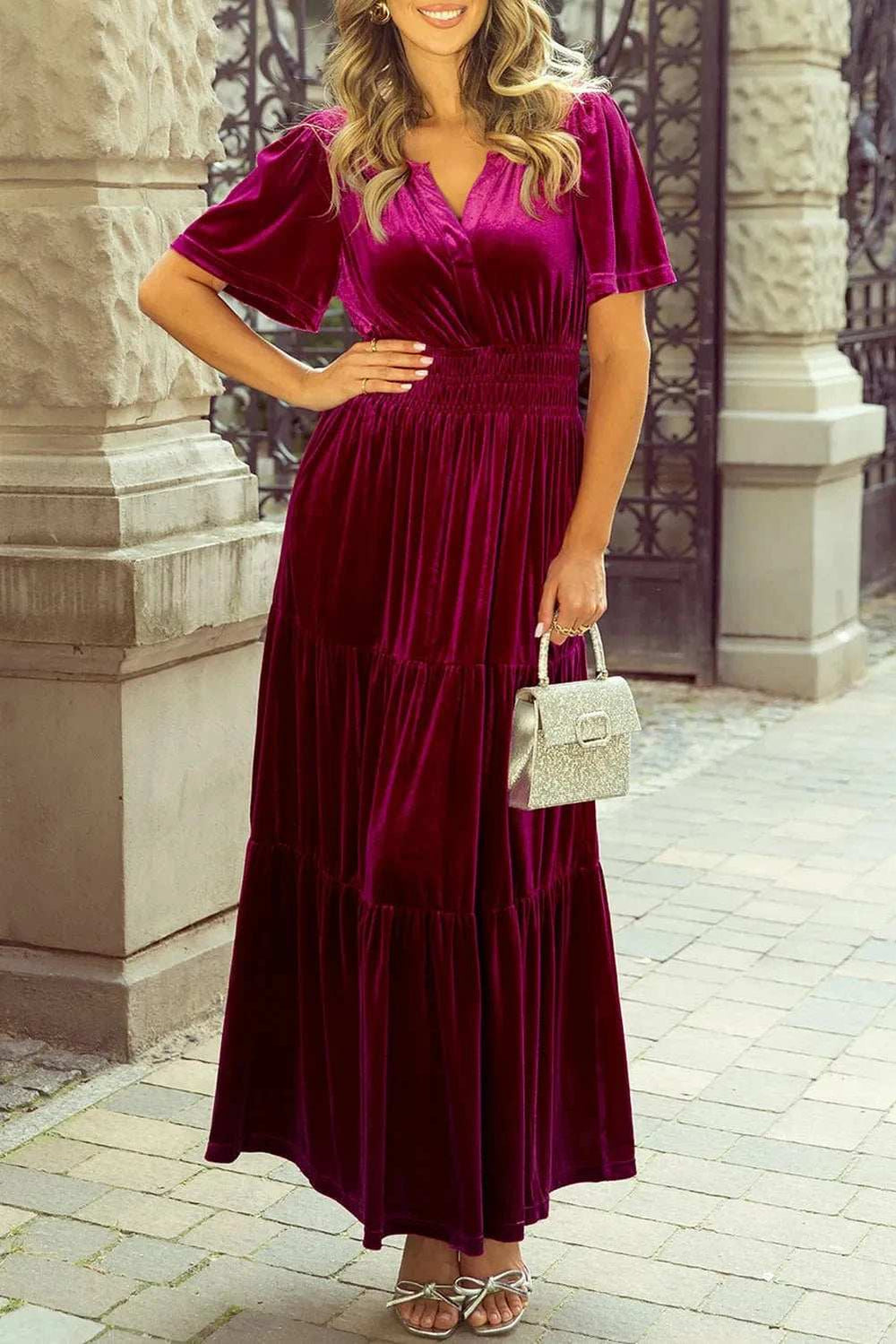 Tiered Notched Short Sleeve Dress with Pockets - Trendsi - Flyclothing LLC