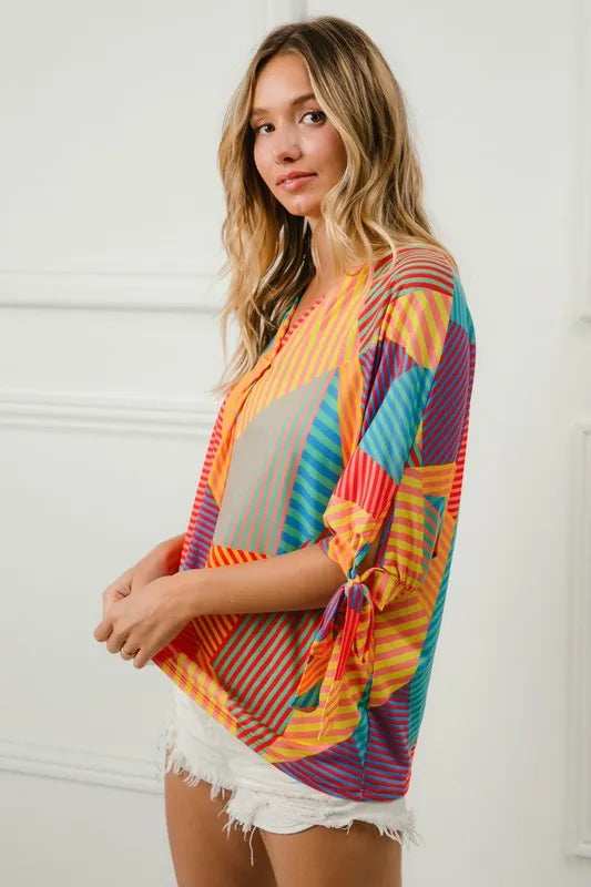 BiBi Multi Stripe Block Printed Jersey Blouse with Tied Sleeves - Trendsi - Flyclothing LLC