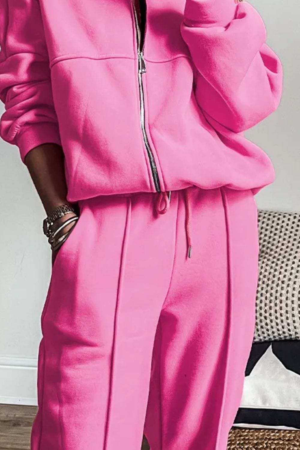 Zip Up Long Sleeve Top and Pants Set - Trendsi - Flyclothing LLC