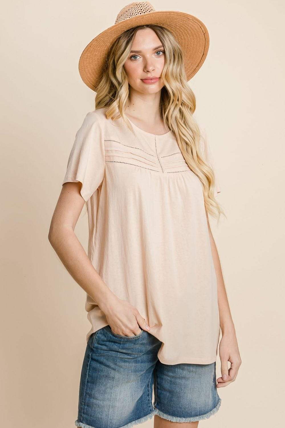 Cotton Bleu by Nu Label Eyelet Round Neck Short Sleeve T-Shirt - Trendsi - Flyclothing LLC