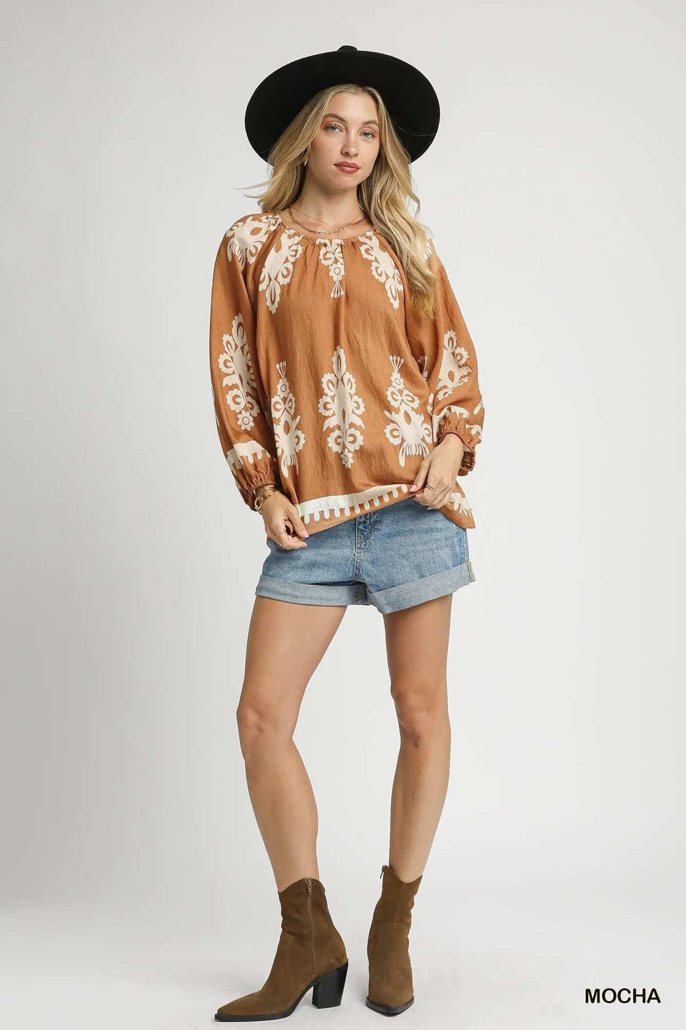 Umgee Full Size Two Tone Border Print Top with Balloon Sleeves Plus Size - Trendsi - Flyclothing LLC