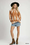 Umgee Full Size Two Tone Border Print Top with Balloon Sleeves Plus Size - Trendsi - Flyclothing LLC