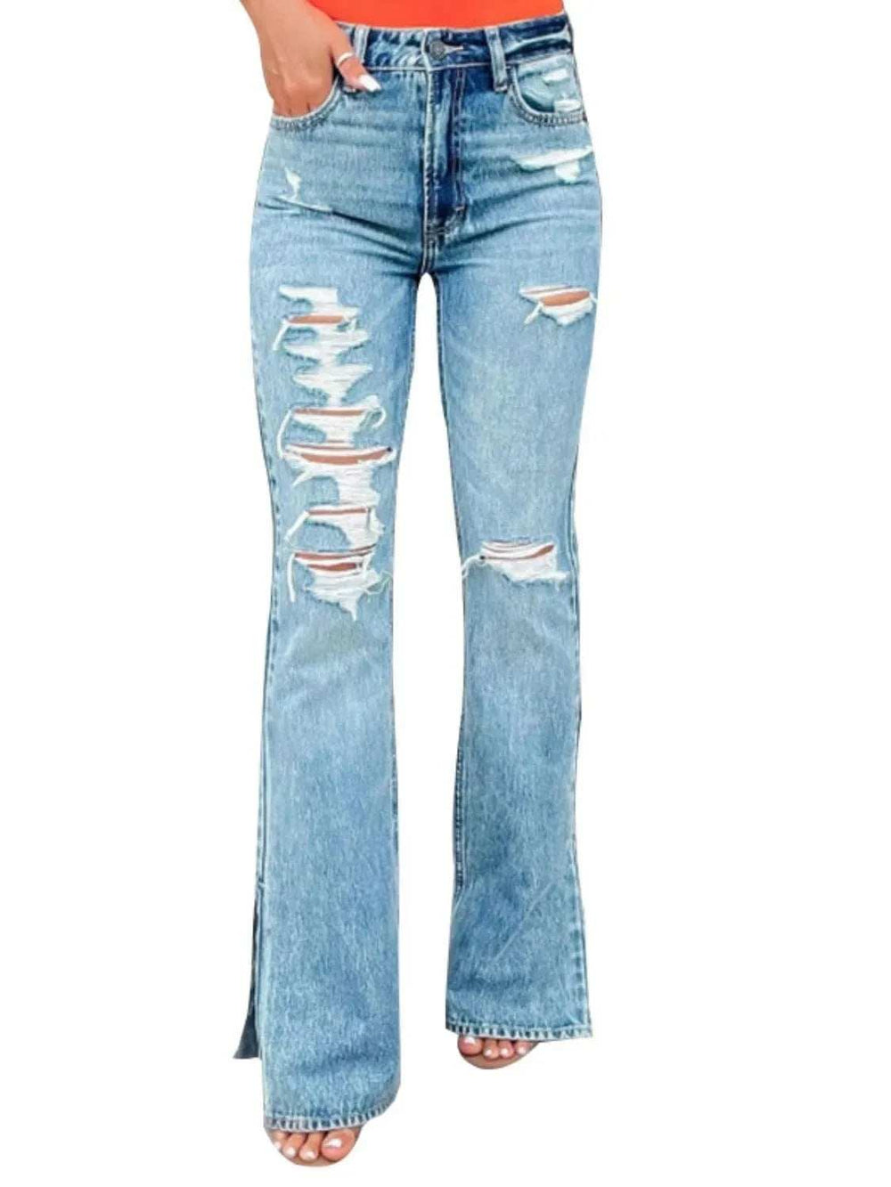Distressed Slit Bootcut Jeans - Trendsi - Flyclothing LLC