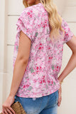 Floral Half Button Round Neck Short Sleeve Blouse - Trendsi