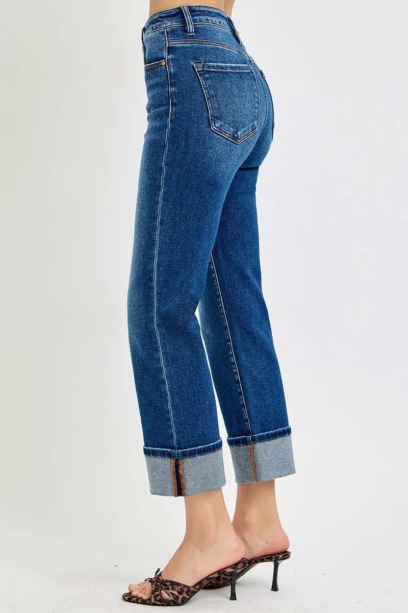 RISEN Full Size High Rise Ankle Straight Cuffed Jeans Plus Size - Trendsi - Flyclothing LLC