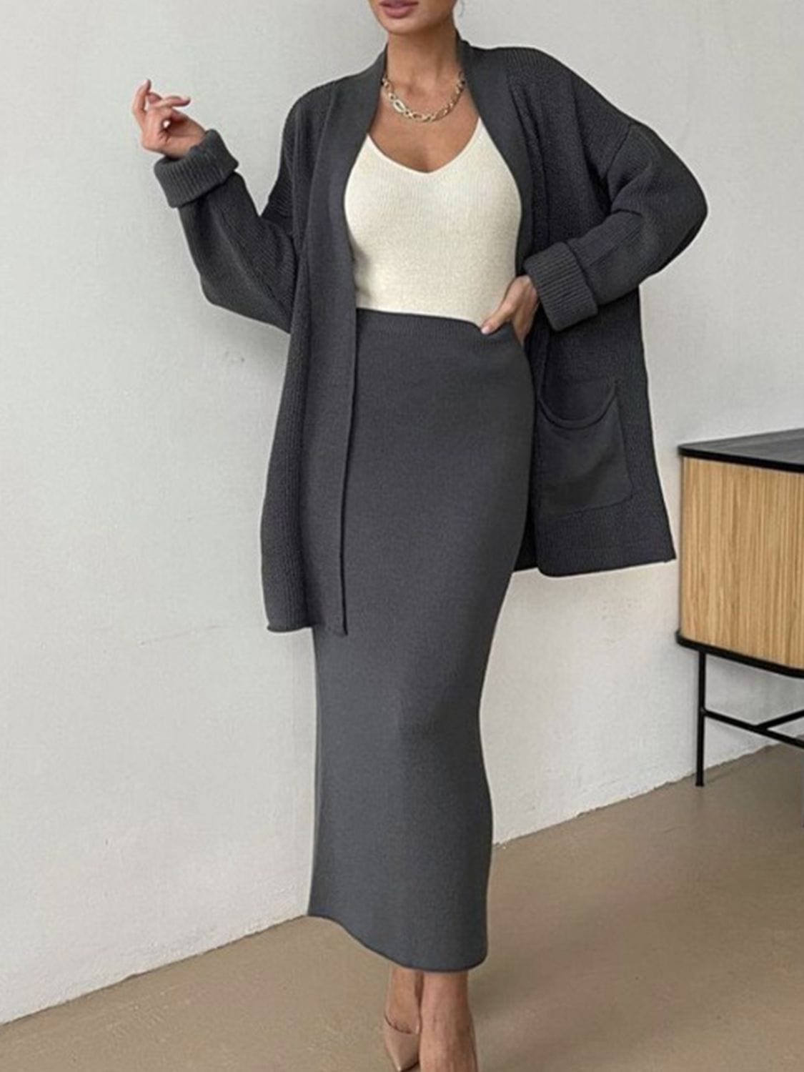 Pocketed Long Sleeve Cardigan and Skirt Sweater Set - Trendsi