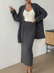 Pocketed Long Sleeve Cardigan and Skirt Sweater Set - Trendsi