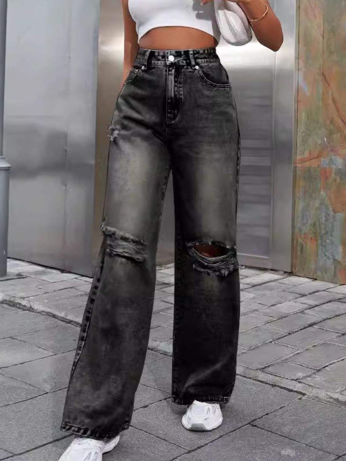 Distressed Wide Leg Jeans with Pockets - Trendsi - Flyclothing LLC