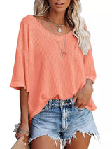 Waffle Knit V-Neck Short Sleeve T-Shirt - Trendsi - Flyclothing LLC
