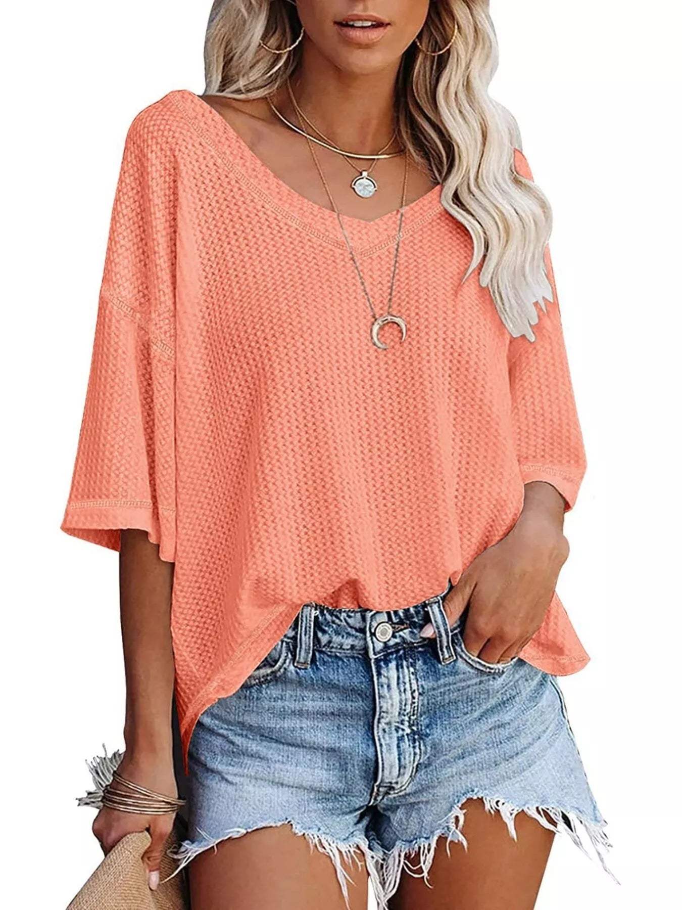 Waffle Knit V-Neck Short Sleeve T-Shirt - Trendsi - Flyclothing LLC