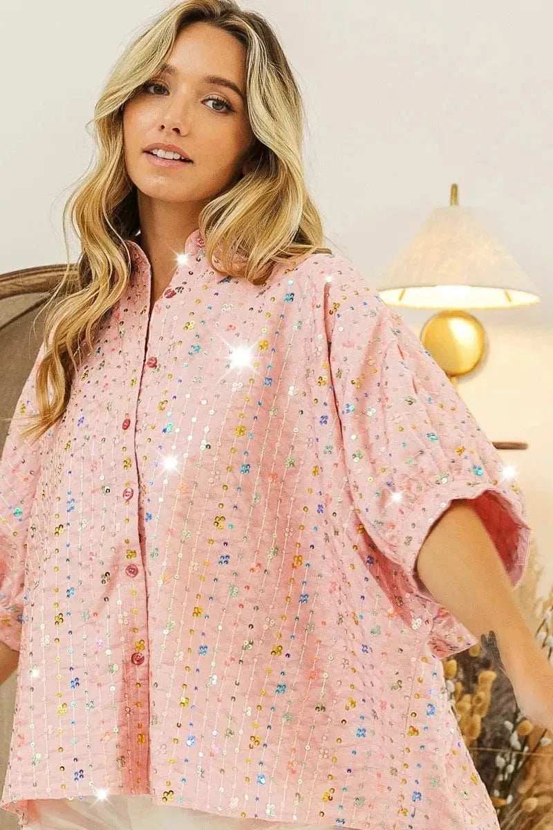 BiBi Sequin Striped Short Dolman Sleeve Blouse - Trendsi - Flyclothing LLC