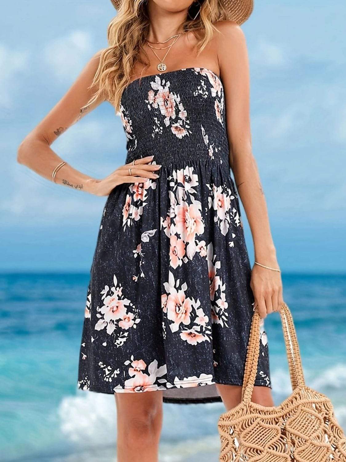 Full Size Smocked Printed Tube Mini Dress - Trendsi - Flyclothing LLC