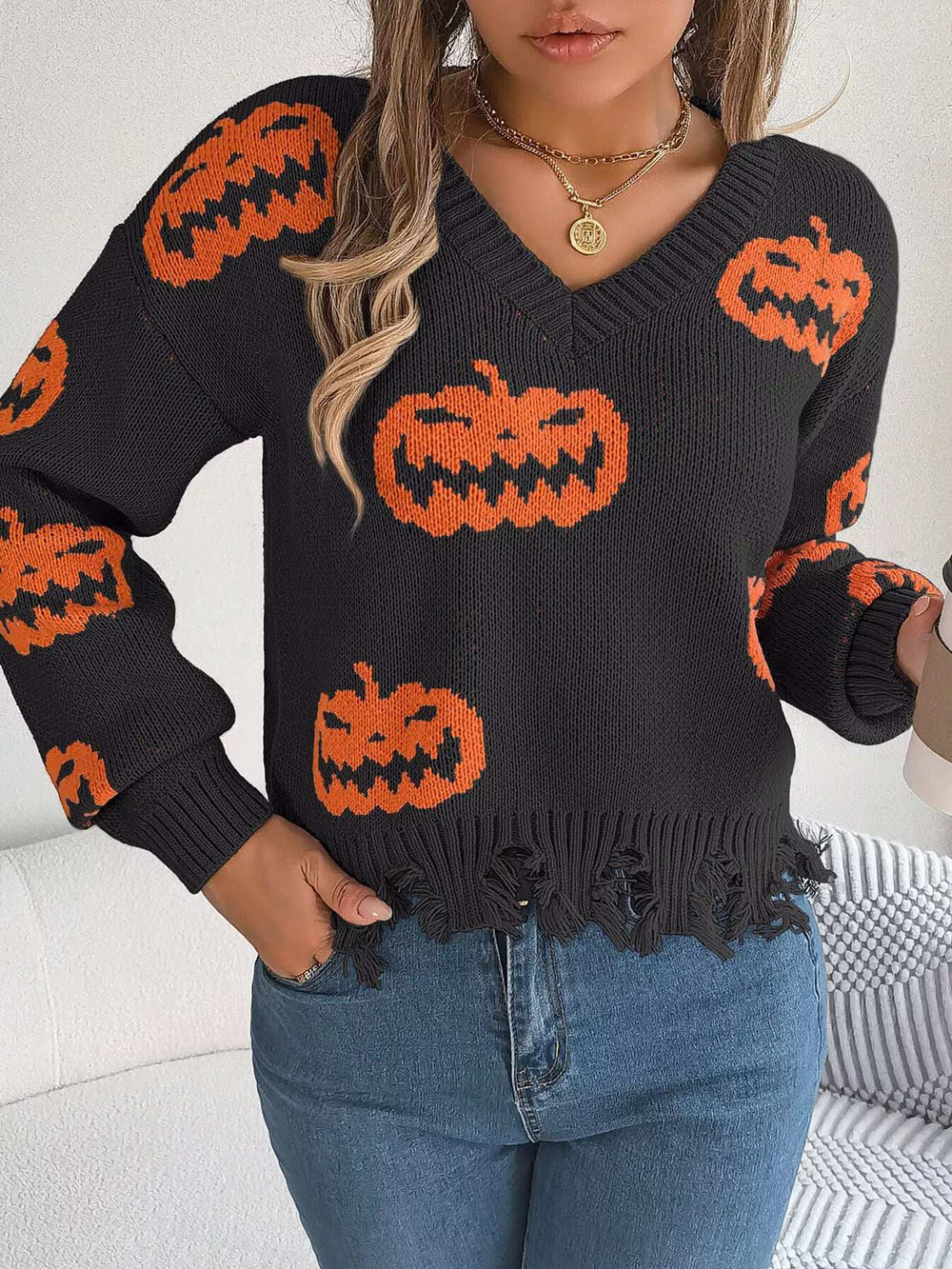 Halloween Pumpkin Pattern Raw Hem V-Neck Sweater - Trendsi - Flyclothing LLC