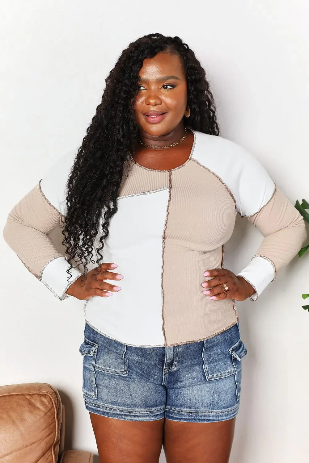Double Take Color Block Exposed Seam Top - Trendsi - Flyclothing LLC