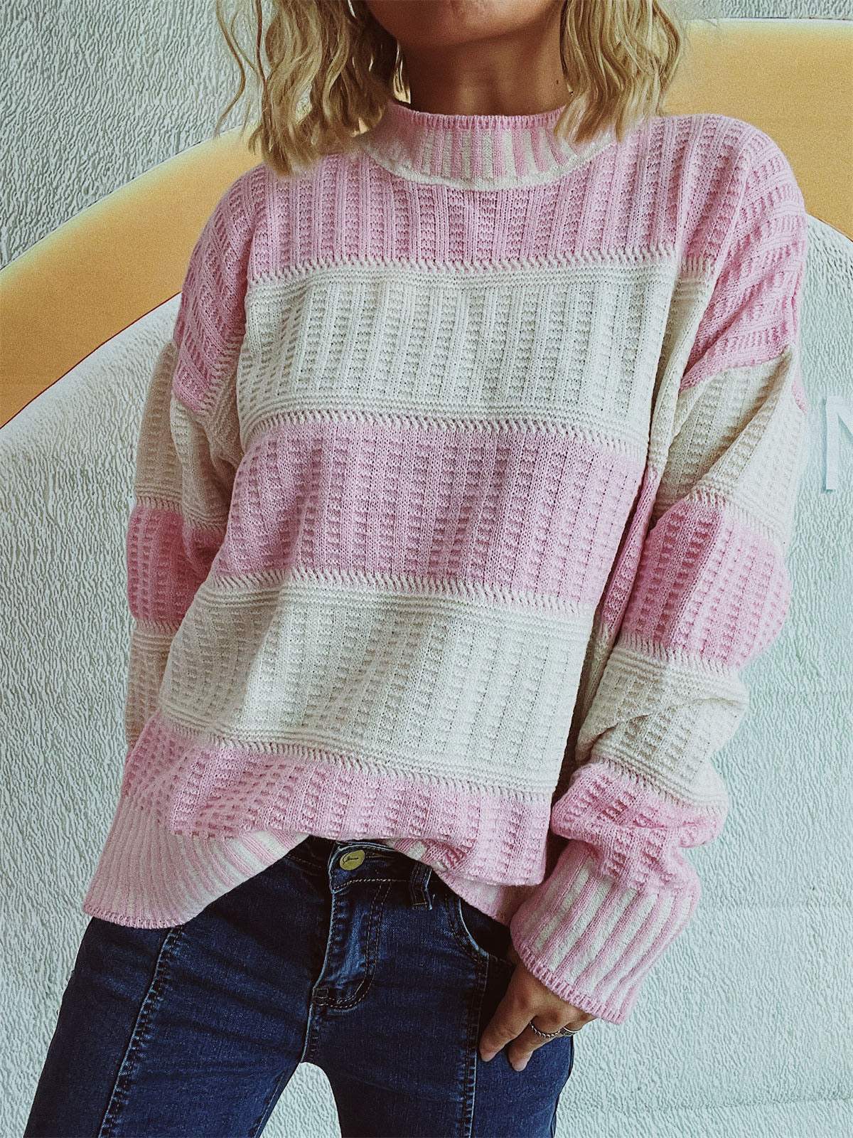 Contrast Round Neck Long Sleeve Sweater - Trendsi - Flyclothing LLC