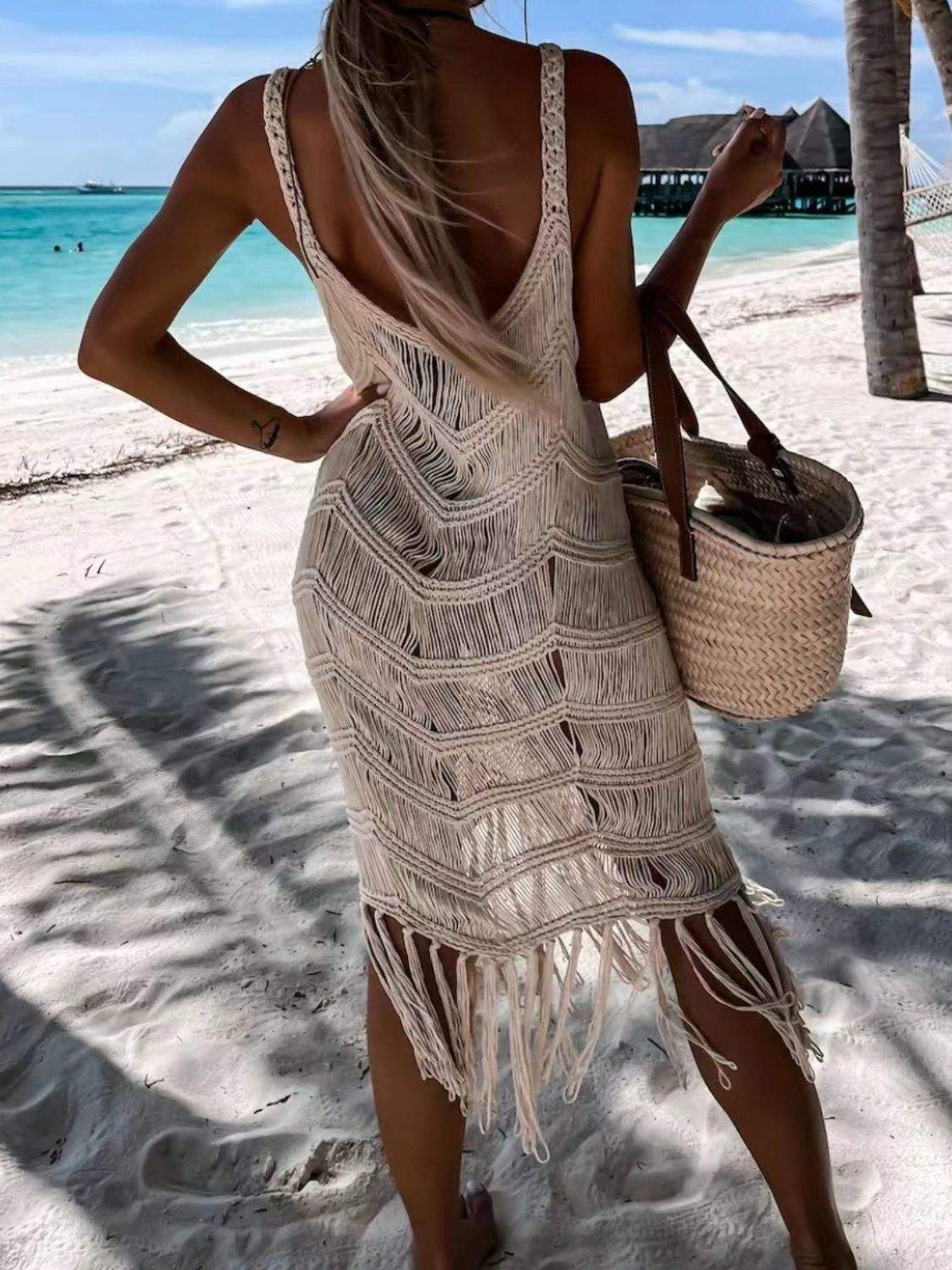 Fringe Scoop Neck Cover-Up - Trendsi - Flyclothing LLC