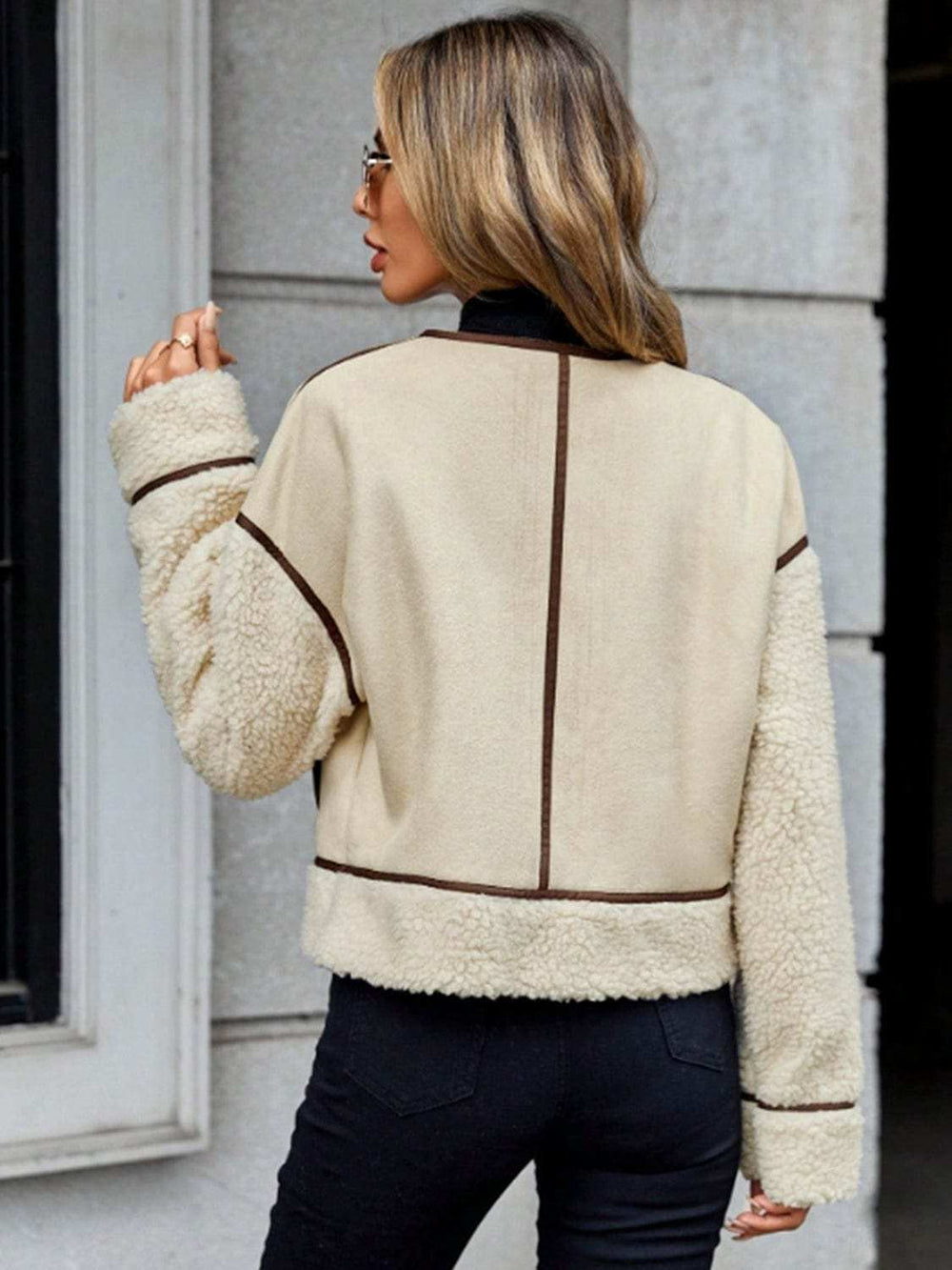 Contrast Trim Zip Up Sherpa Jacket - Trendsi - Flyclothing LLC