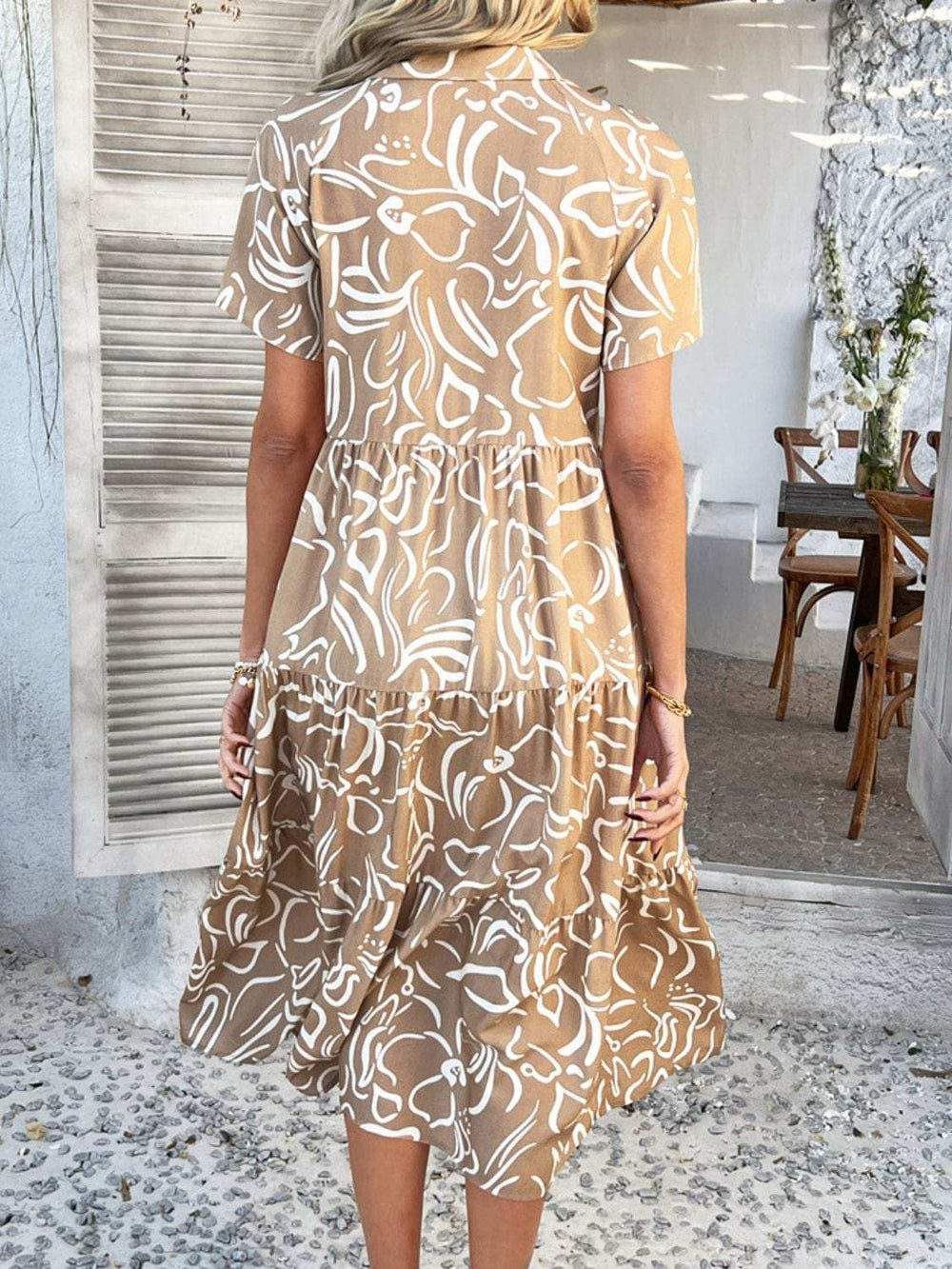 Devine Printed Johnny Collar Button Down Short Sleeve Midi Shirt Dress - Trendsi - Flyclothing LLC