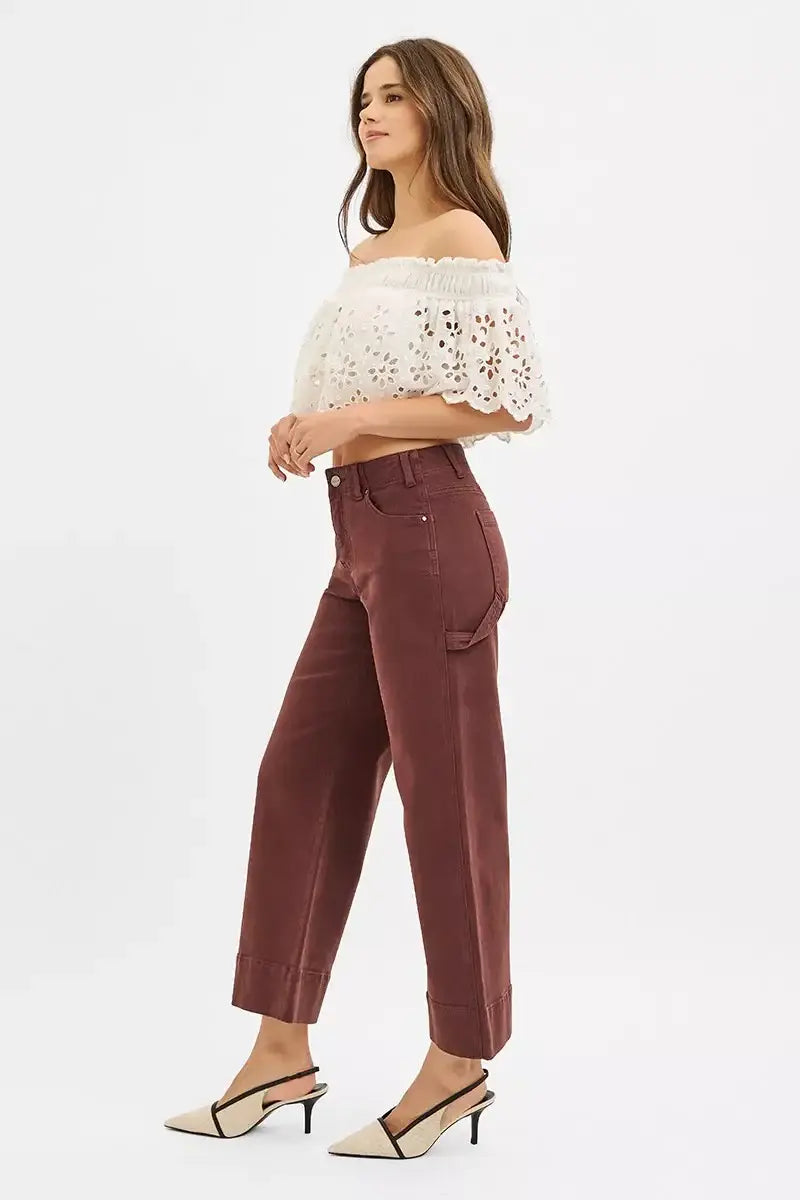 RISEN Tummy Control High Rise Crop Wide No Waist Band Pants - Trendsi - Flyclothing LLC