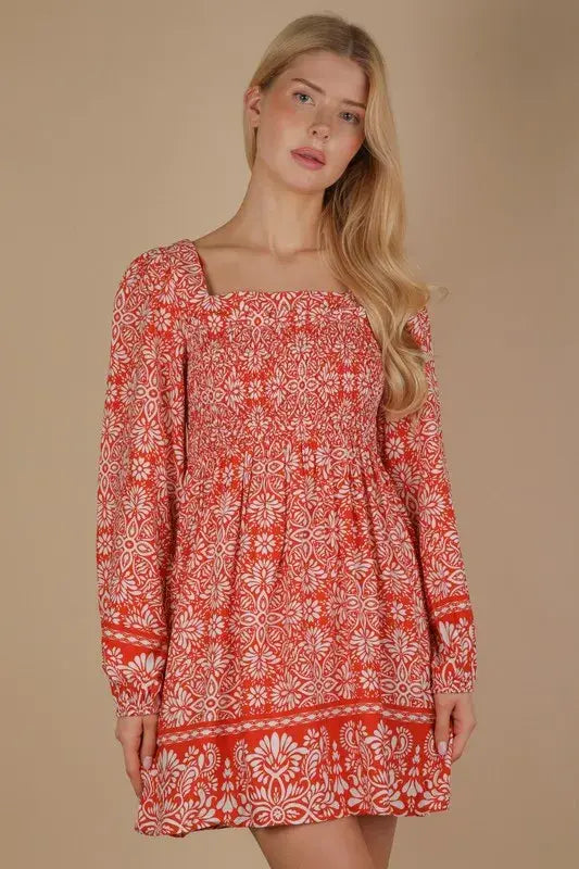 VERY J Printed Smocked Chest Boho Mini Dress - Trendsi - Flyclothing LLC
