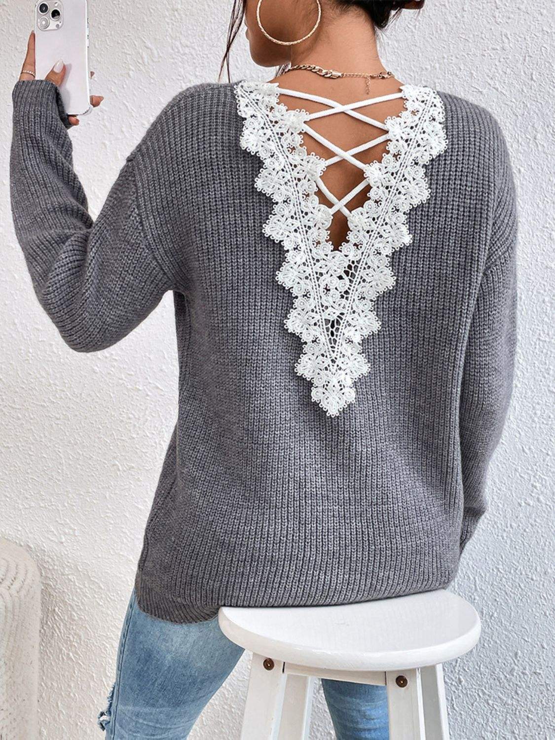 Crisscross V-Neck Long Sleeve Sweater - Trendsi - Flyclothing LLC