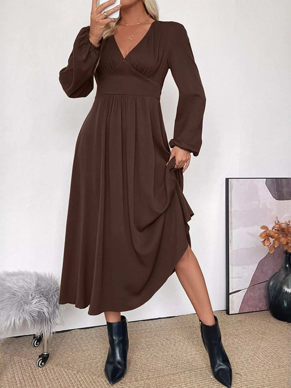 V-Neck Balloon Sleeve Midi Dress - Trendsi - Flyclothing LLC