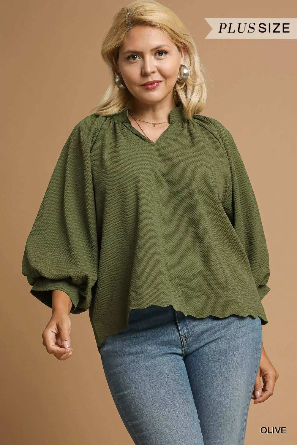 Umgee Full Size Textured Notched Balloon Sleeve Blouse Plus Size - Trendsi - Flyclothing LLC