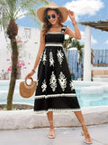 Printed Square Neck Wide Strap Midi Dress - Trendsi