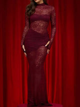 Lace Sheer Mock Neck Long Sleeve Maxi Dress - Trendsi - Flyclothing LLC