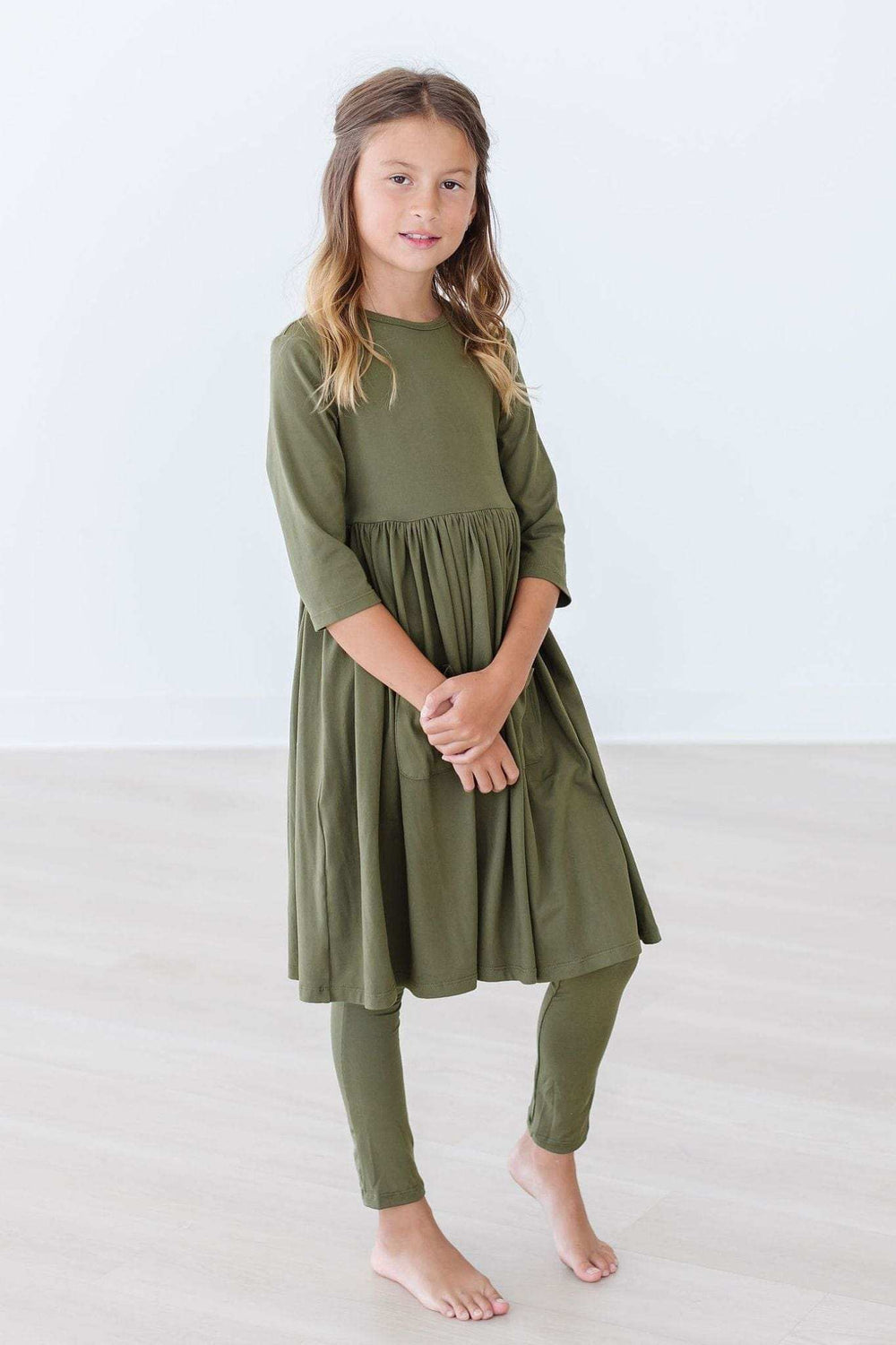 Olive 3/4 Sleeve Pocket Twirl Dress - Mila & Rose ® - Flyclothing LLC