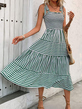 Smocked Striped Square Neck Midi Dress - Trendsi - Flyclothing LLC