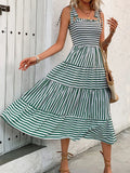 Smocked Striped Square Neck Midi Dress - Trendsi