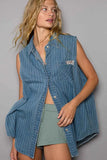 POL Button Down Sleeveless Striped Denim Shirt - Trendsi