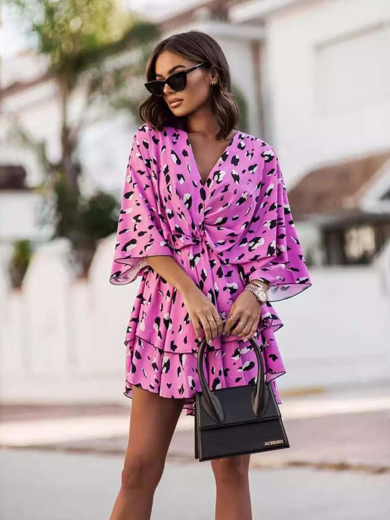 Layered Printed Surplice Mini Dress - Trendsi - Flyclothing LLC