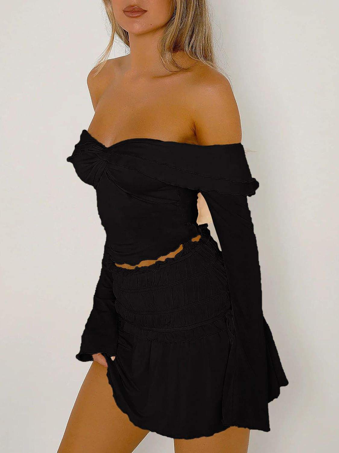 Devine Twisted Ruffled Off-Shoulder Long Sleeve T-Shirt - Trendsi - Flyclothing LLC