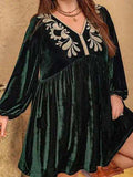 Plus Size Embroidered V-Neck Long Sleeve Dress - Trendsi - Flyclothing LLC