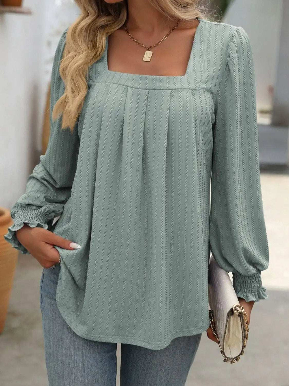 Square Neck Long Sleeve Top - Trendsi - Flyclothing LLC