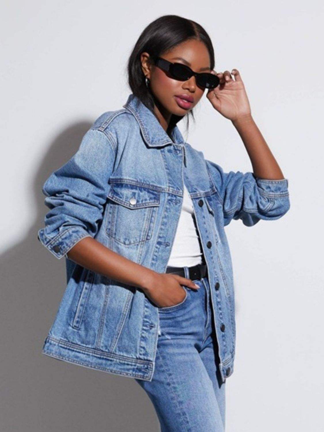 Button Up Collared Neck Denim Jacket - Trendsi - Flyclothing LLC
